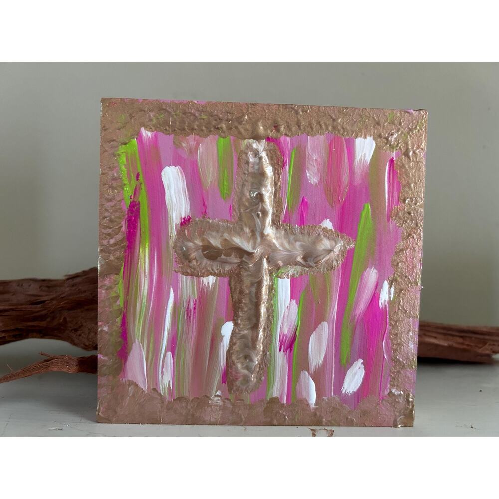 Gold Cross Wood Painting Pink Green Hand Painted Wall Art 5x5 Block Preppy Lilly